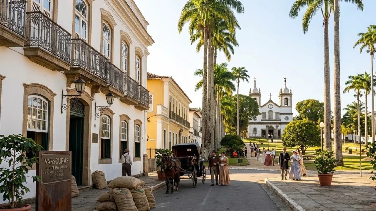 Centro histórico de Vassouras com construções preservadas e palmeiras